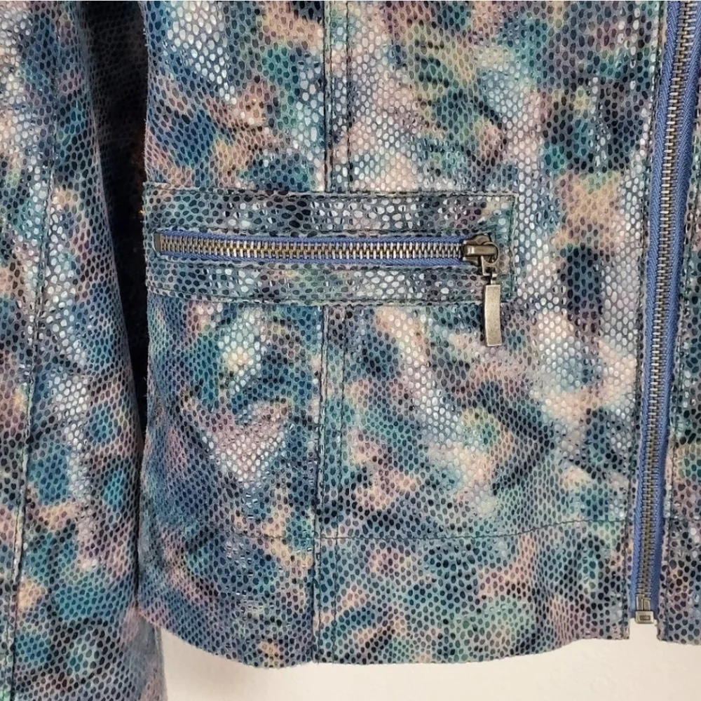 Chicos leather blue snakeskin print moto jacket women size 1.5 - Picture 4 of 10